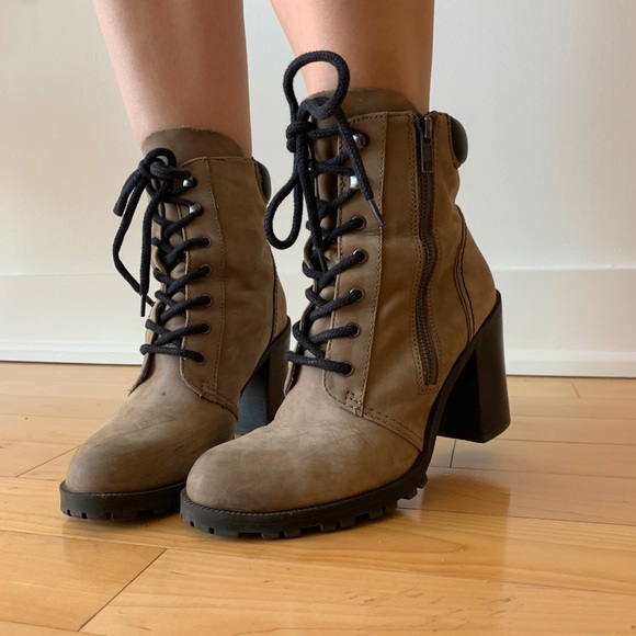 Block Heel Genuine Suede Nude and Black Booties - Picture 2 of 7